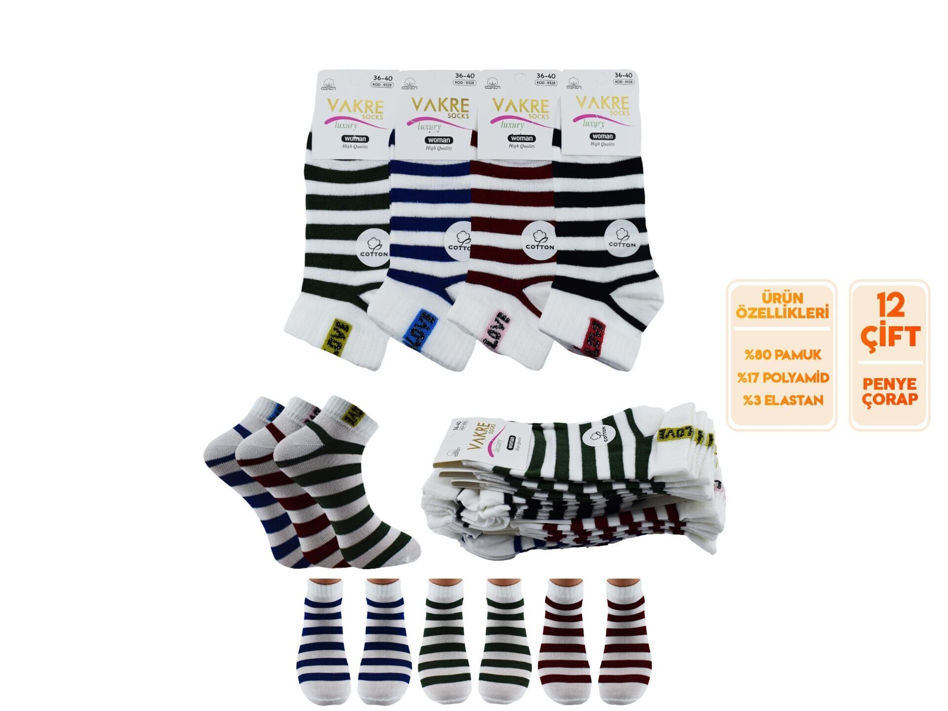 Vakre 9328-15 (36-40) Bayan Penye Patik Çorap 12'li