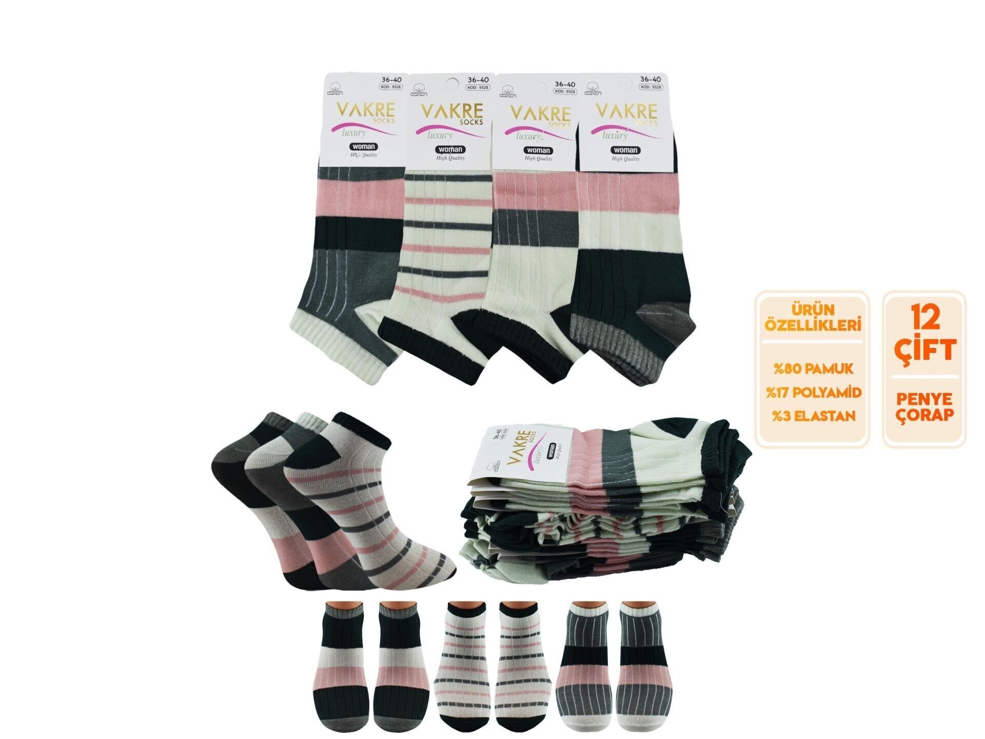 Vakre 9328-20 (36-40) Bayan Penye Patik Çorap 12'li