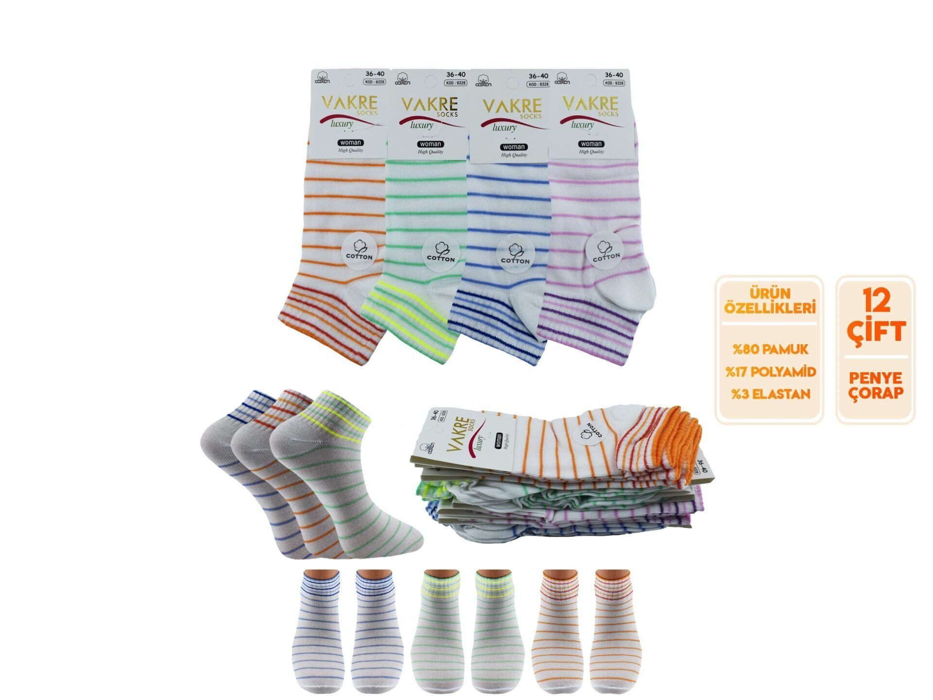 Vakre 9328-23 (36-40) Bayan Penye Patik Çorap 12'li