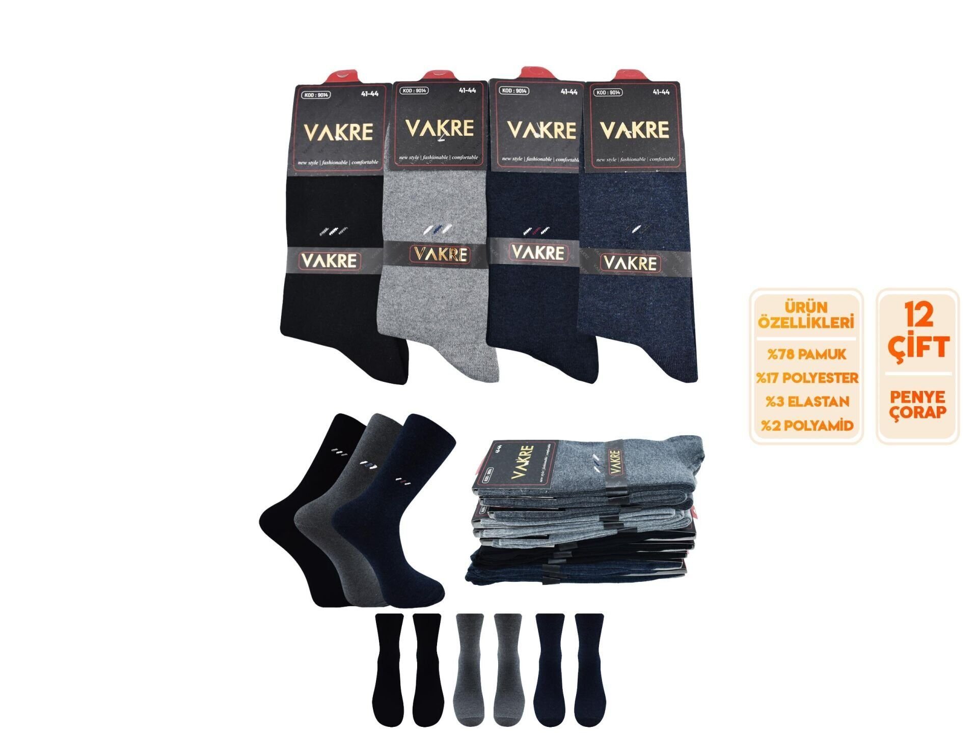 Vakre 9014-28 (41-44) Erkek Penye Likralı Çorap 12'li