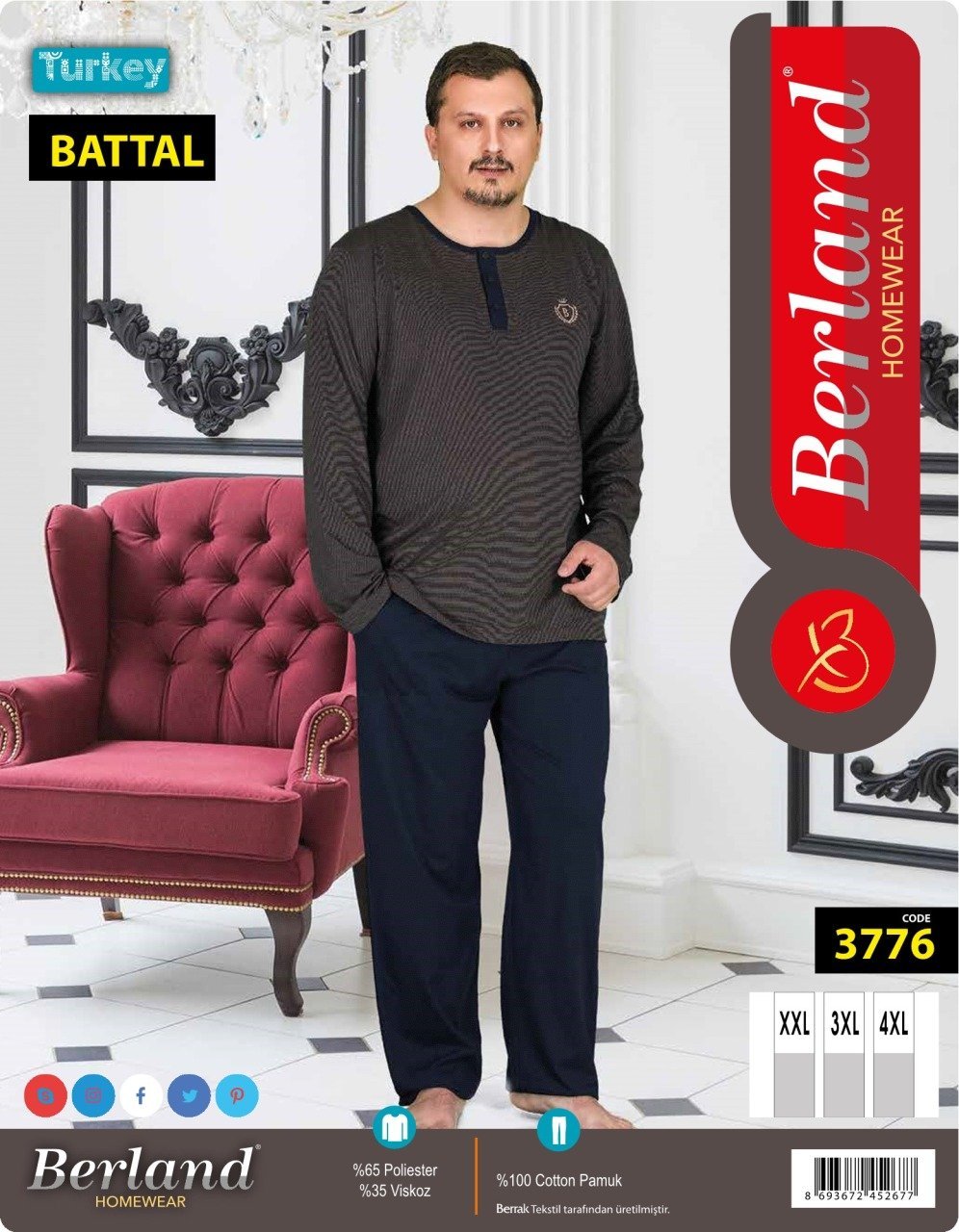 Berland 3776 Erkek Modal Uzun Kol Battal Pijama Takımı