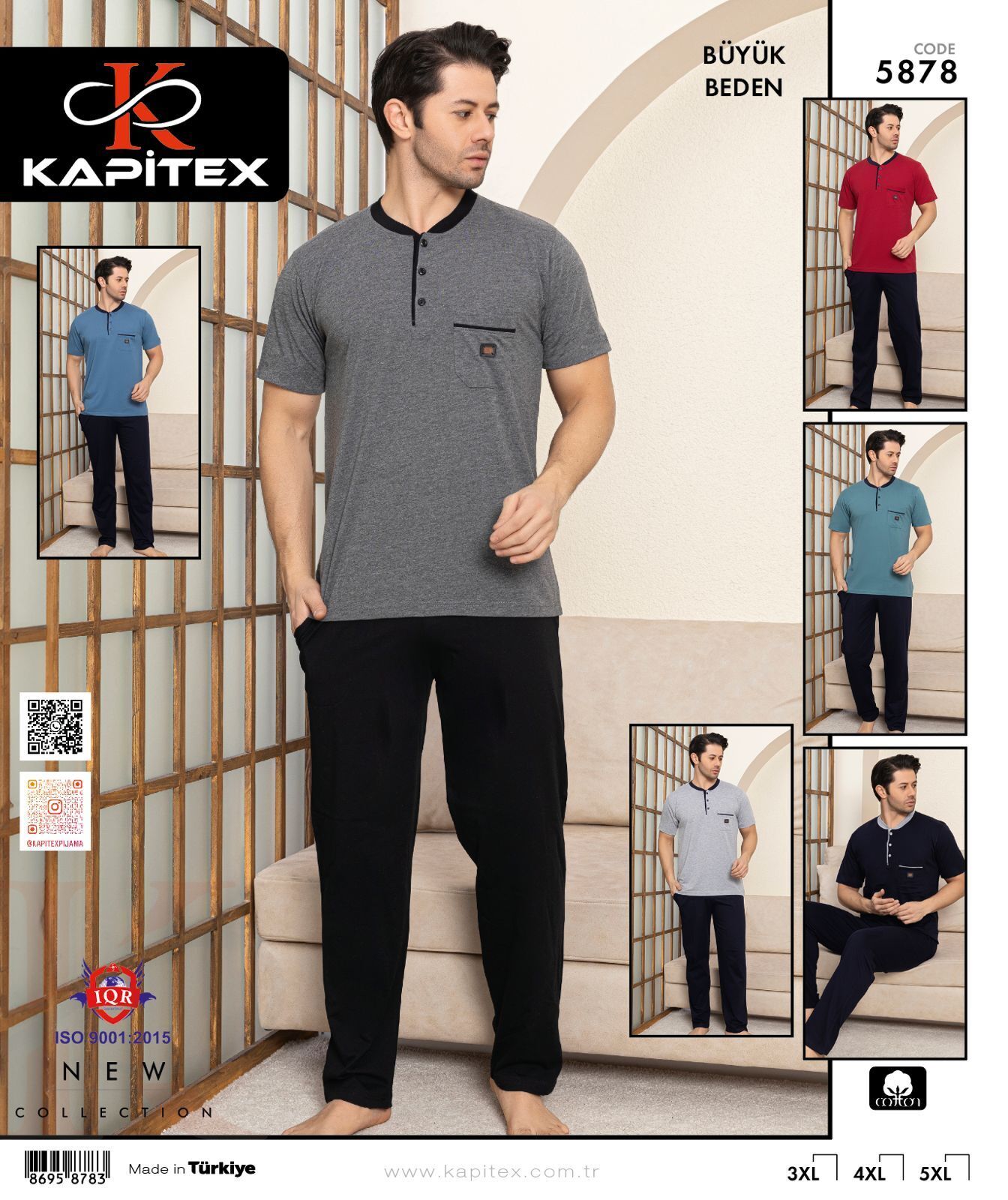 Kapitex 5878 Battal Beden Erkek Kısa Kol Pijama Takım 3'lü
