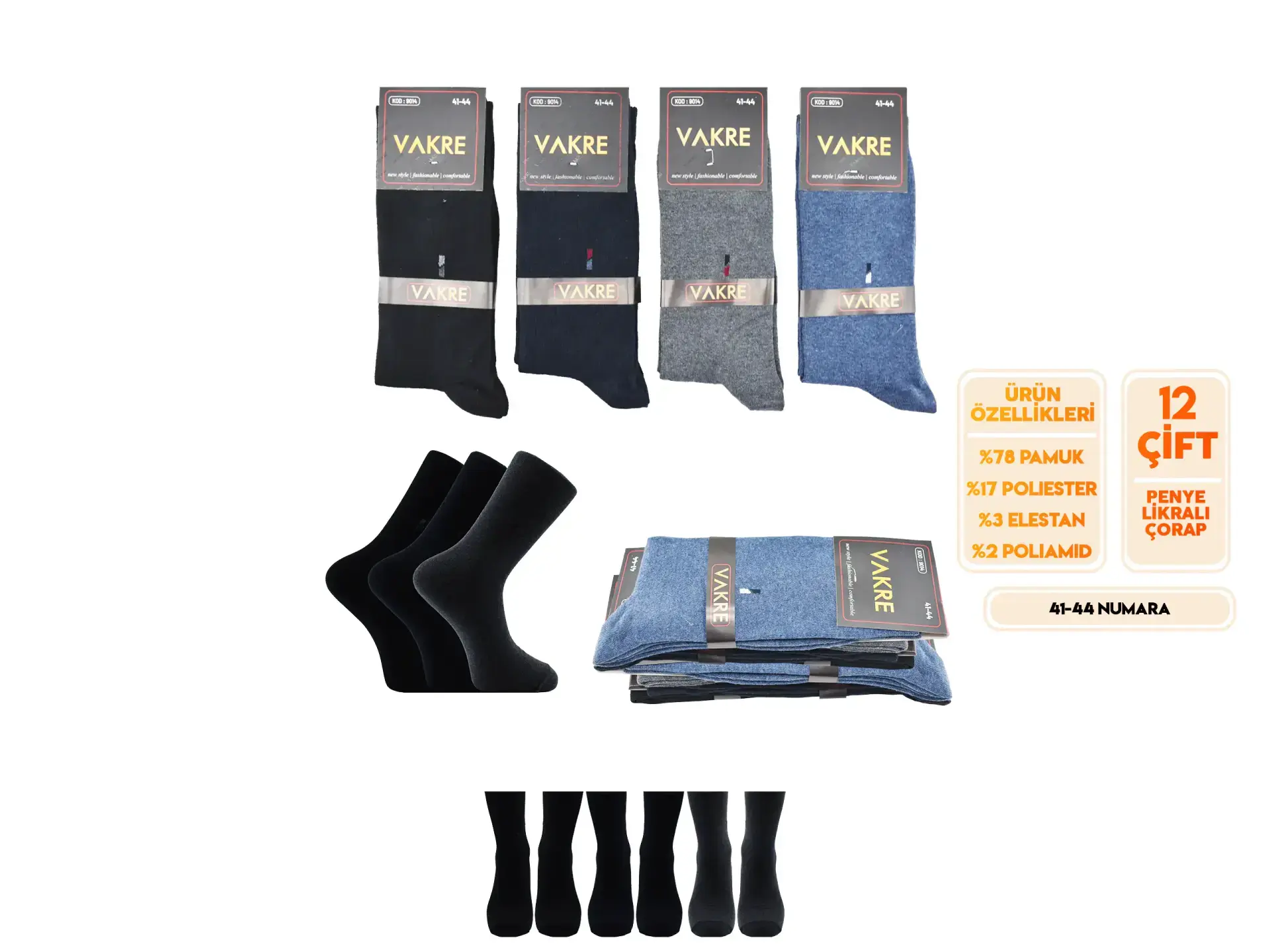 Vakre 9014-40 (41-44) Erkek Penye Likralı Çorap 12'li