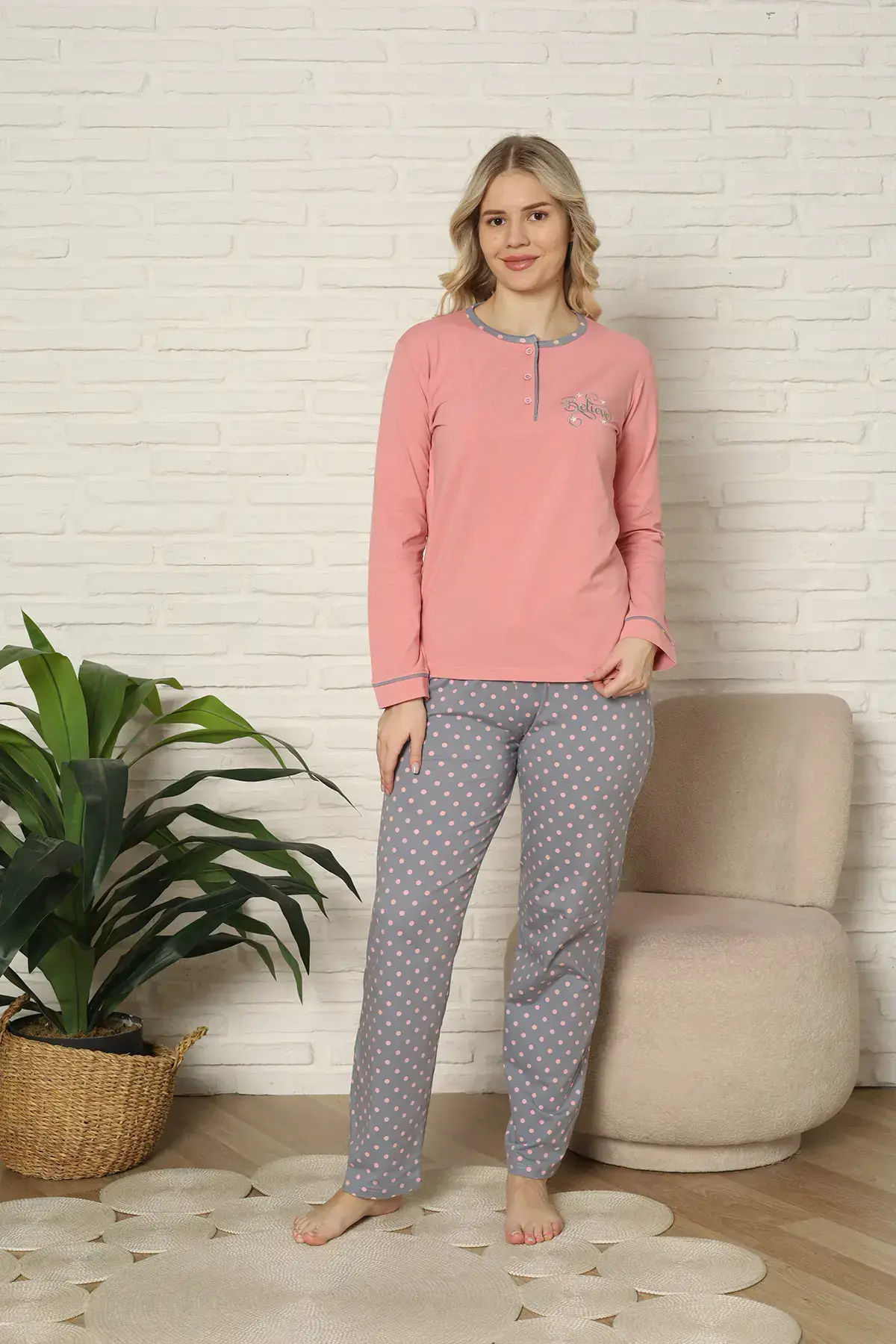 Kapitex 59166 (M-L-XL-XXL) Pamuklu Bayan Uzun Kollu Pijama Takım 4'lü