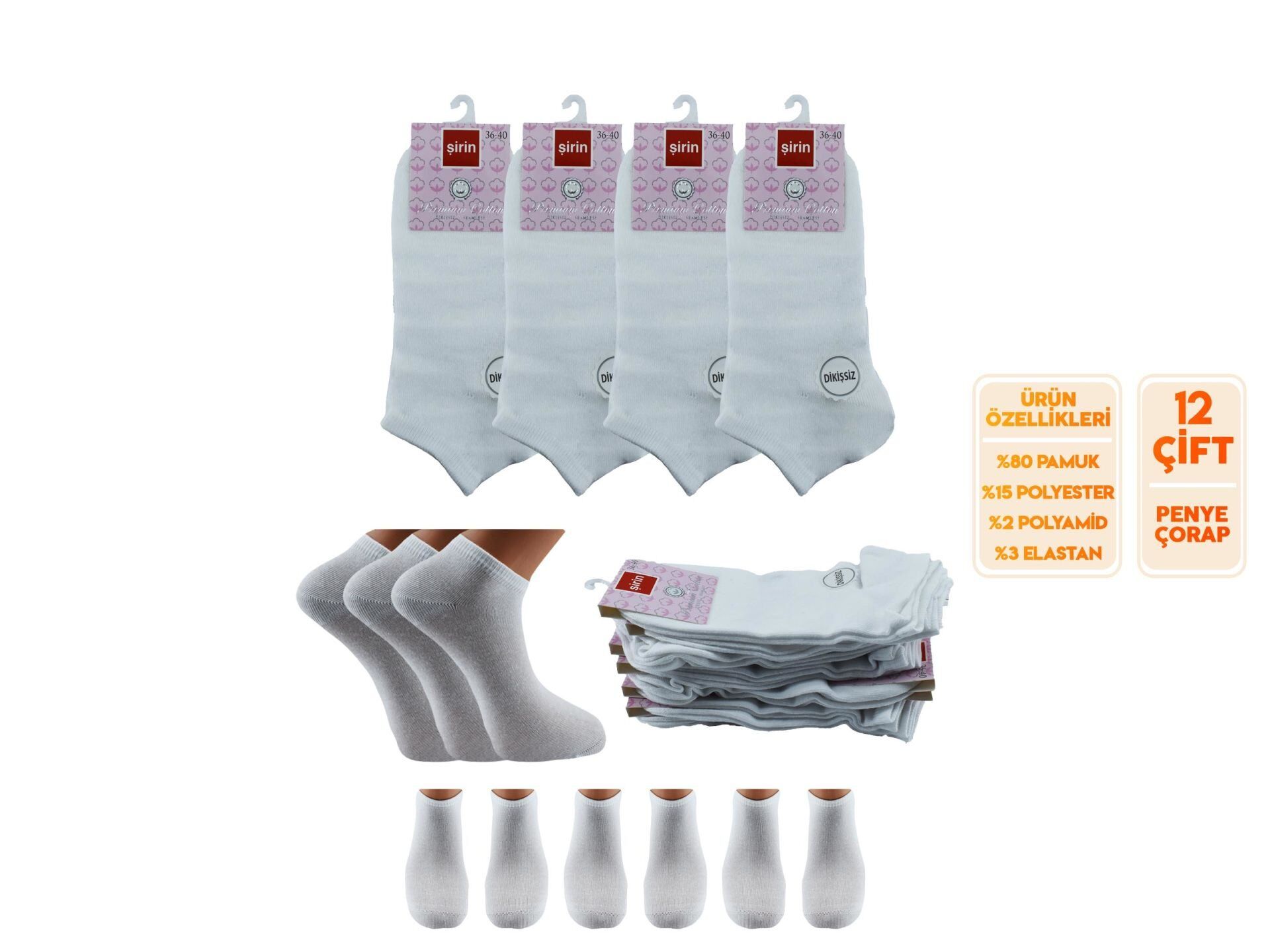 Şirin 4030 Beyaz Dikişsiz Bayan Penye Patik Çorap 12'li