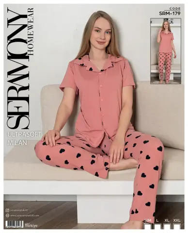 Seramony 179 (S-M-L-XL-XXL) Soft Milan Kısa Kollu Boydan Düğmeli Bayan Pijama Takım 4'lü