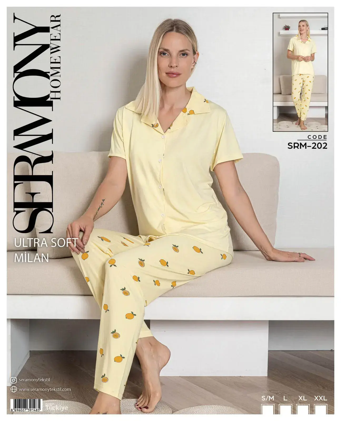 Seramony 202 (S-M-L-XL-XXL) Soft Milan Kısa Kollu Boydan Düğmeli Bayan Pijama Takım 4'lü
