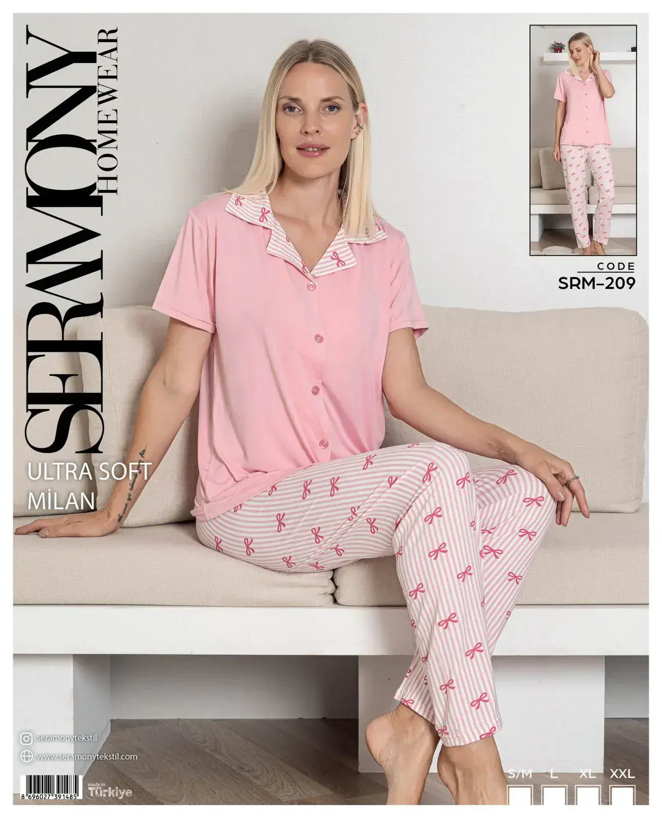 Seramony 209 (S-M-L-XL-XXL) Soft Milan Kısa Kollu Boydan Düğmeli Bayan Pijama Takım 4'lü