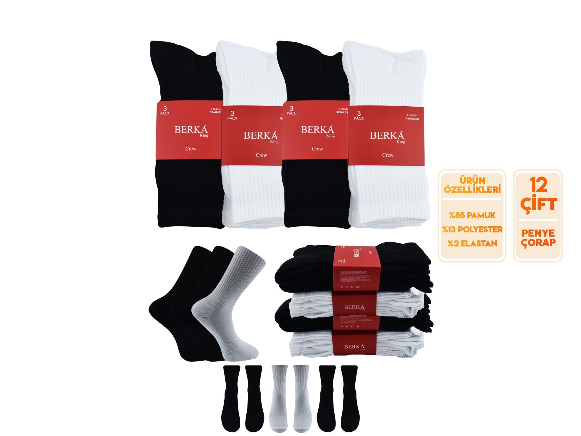Berka Taban Altı Havlu Dikişsiz Erkek Spor Soket Çorap 12'li