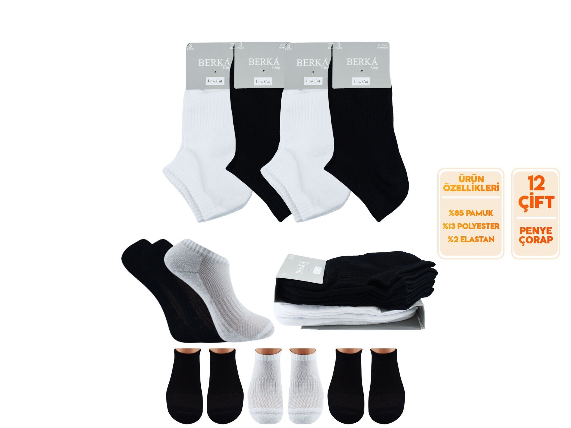 Berka Taban Altı Havlu Dikişsiz Bayan Spor Patik Çorap 12'li
