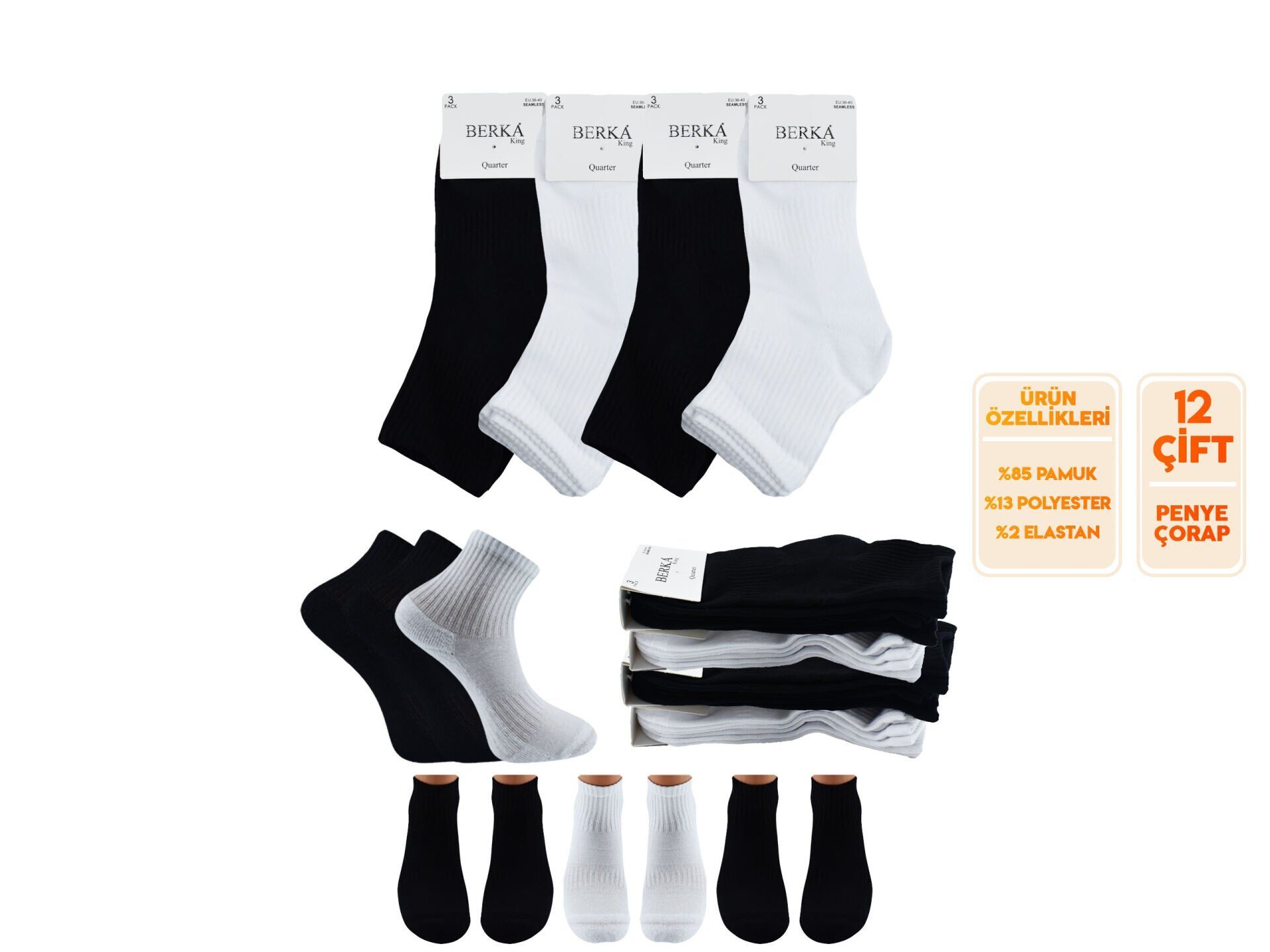 Berka Taban Altı Havlu Dikişsiz Bayan Spor Yarım Konç Patik Çorap 12'li