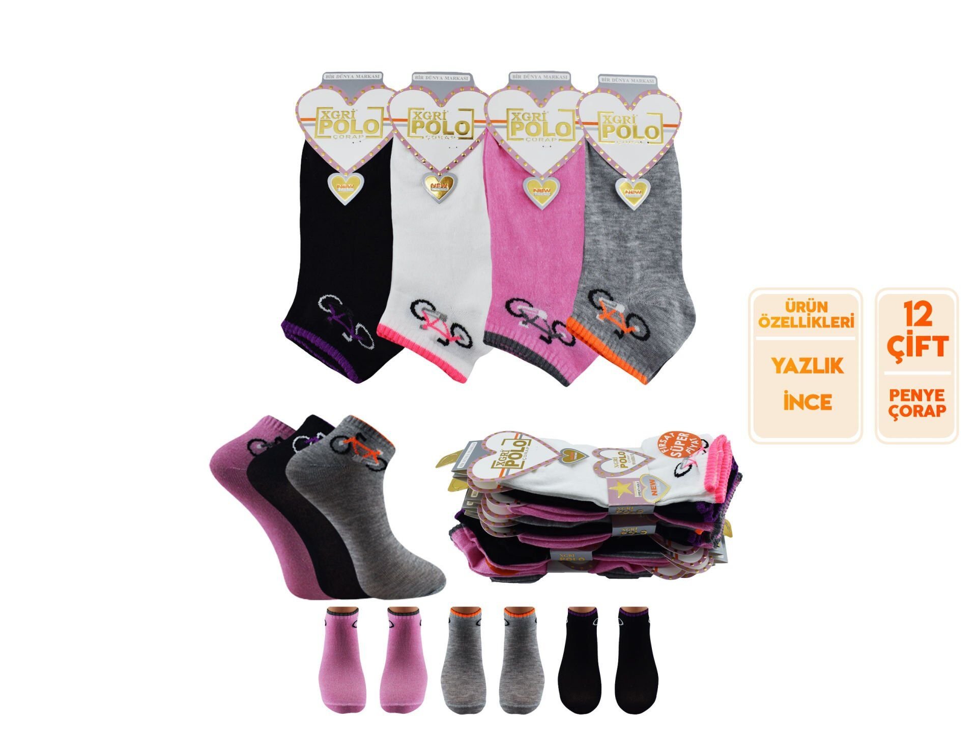 XGRİ POLO (B-E-7-2) 3'lü Bayan Penye Patik 12'li