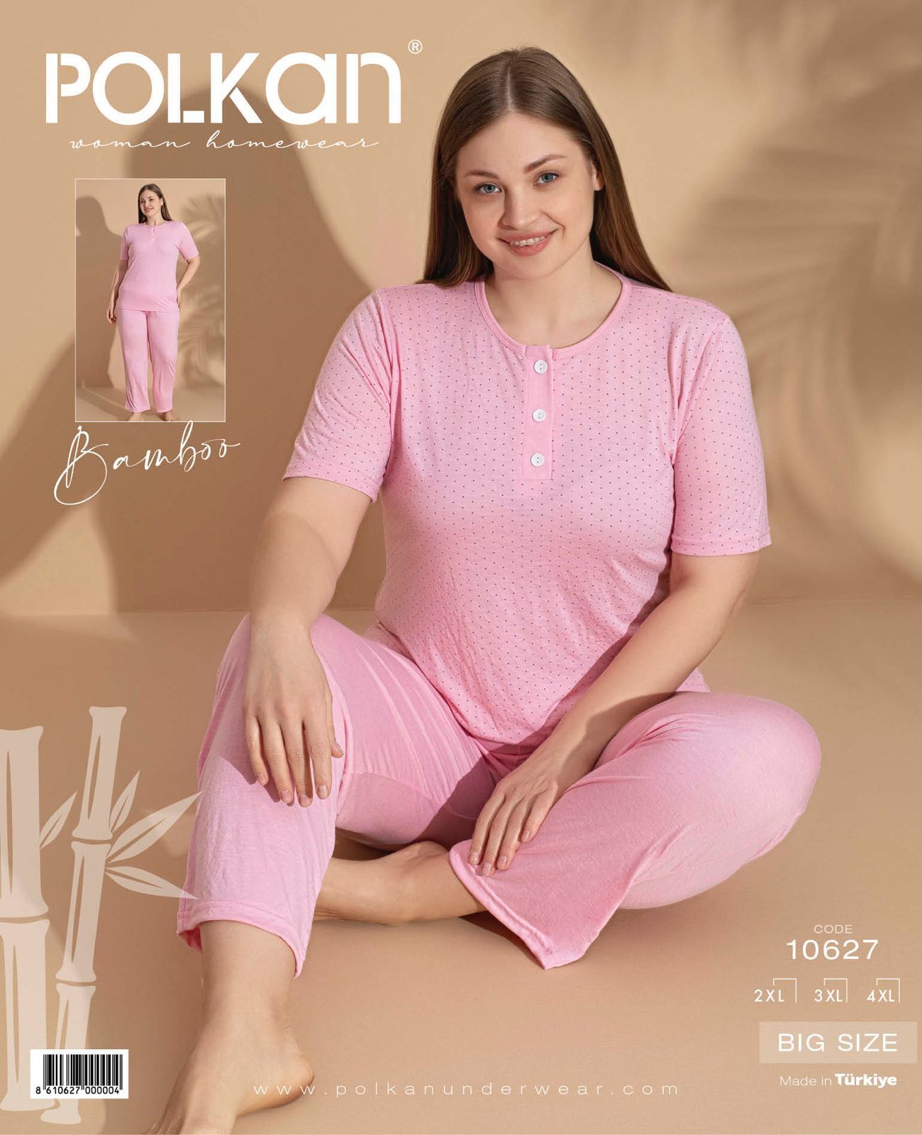 Polkan 10627 (2XL-3XL-4XL) Kısa Kollu Bayan Bambu Pijama Takım 3'lü