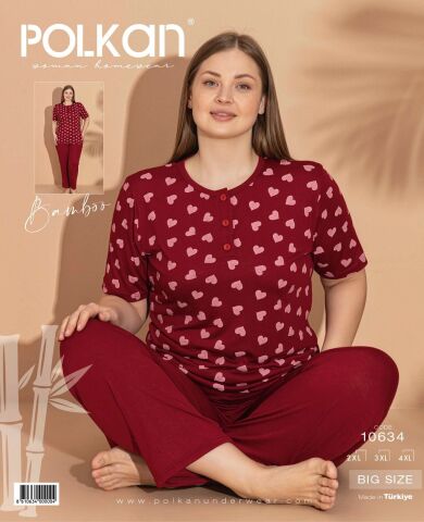 Polkan 10634 (2XL-3XL-4XL) Kısa Kollu Bayan Bambu Pijama Takım 3'lü
