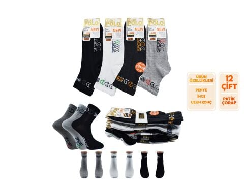 XGRİ POLO (E-E-7-1) Erkek Uzun Konç Patik 12'li