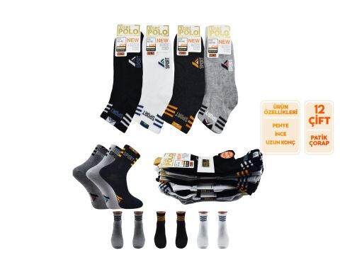 XGRİ POLO (E-E-7-4) Erkek Uzun Konç Patik 12'li
