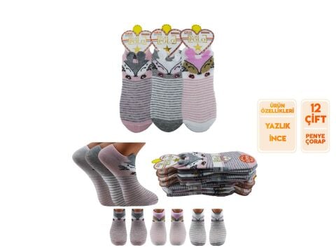 XGRİ POLO (B-6-6) 3'lü Bayan Penye Üç Boyutlu Sneaker 12'li