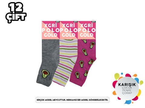 XGRİ POLO 3'lü Kız Çocuk Yıkamalı Penye Soket Çorap 12'li