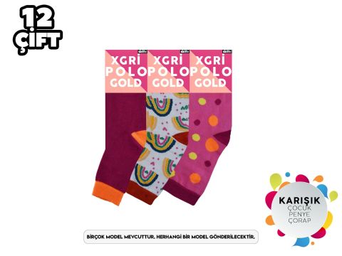 XGRİ POLO 3'lü Kız Çocuk Yıkamalı Penye Soket Çorap 12'li