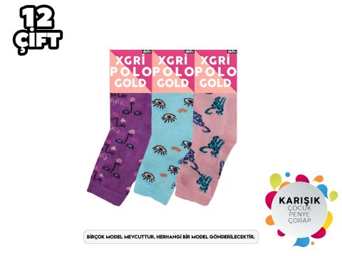 XGRİ POLO 3'lü Kız Çocuk Yıkamalı Penye Soket Çorap 12'li