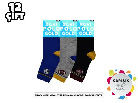 XGRİ POLO 3'lü Erkek Çocuk Yıkamalı Penye Soket Çorap 12'li