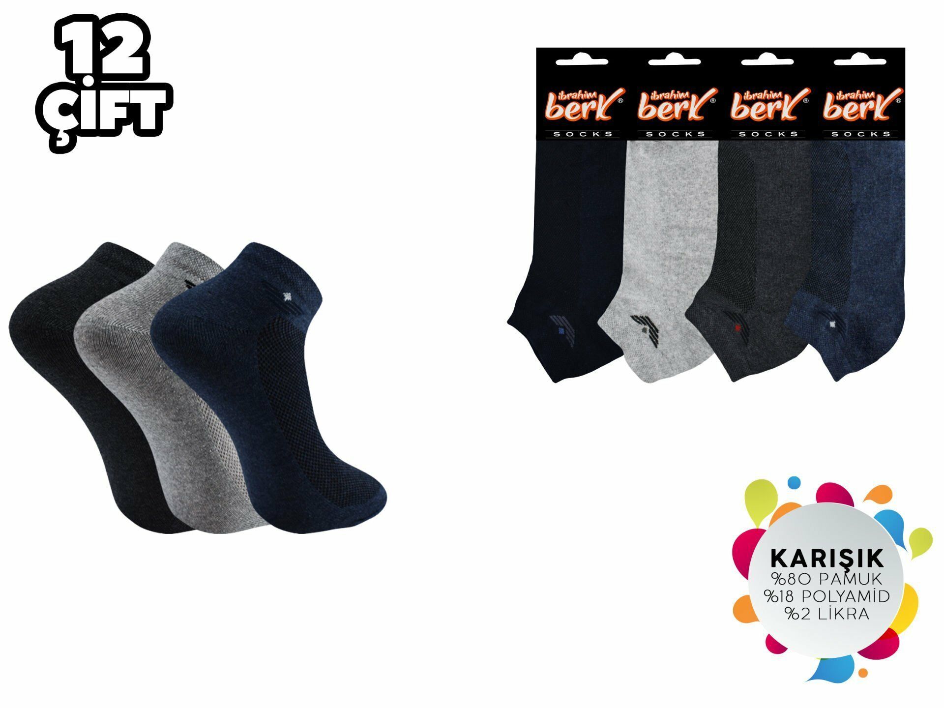 İbrahim Berk 11-12 Erkek Likralı Patik Çorap 12'li