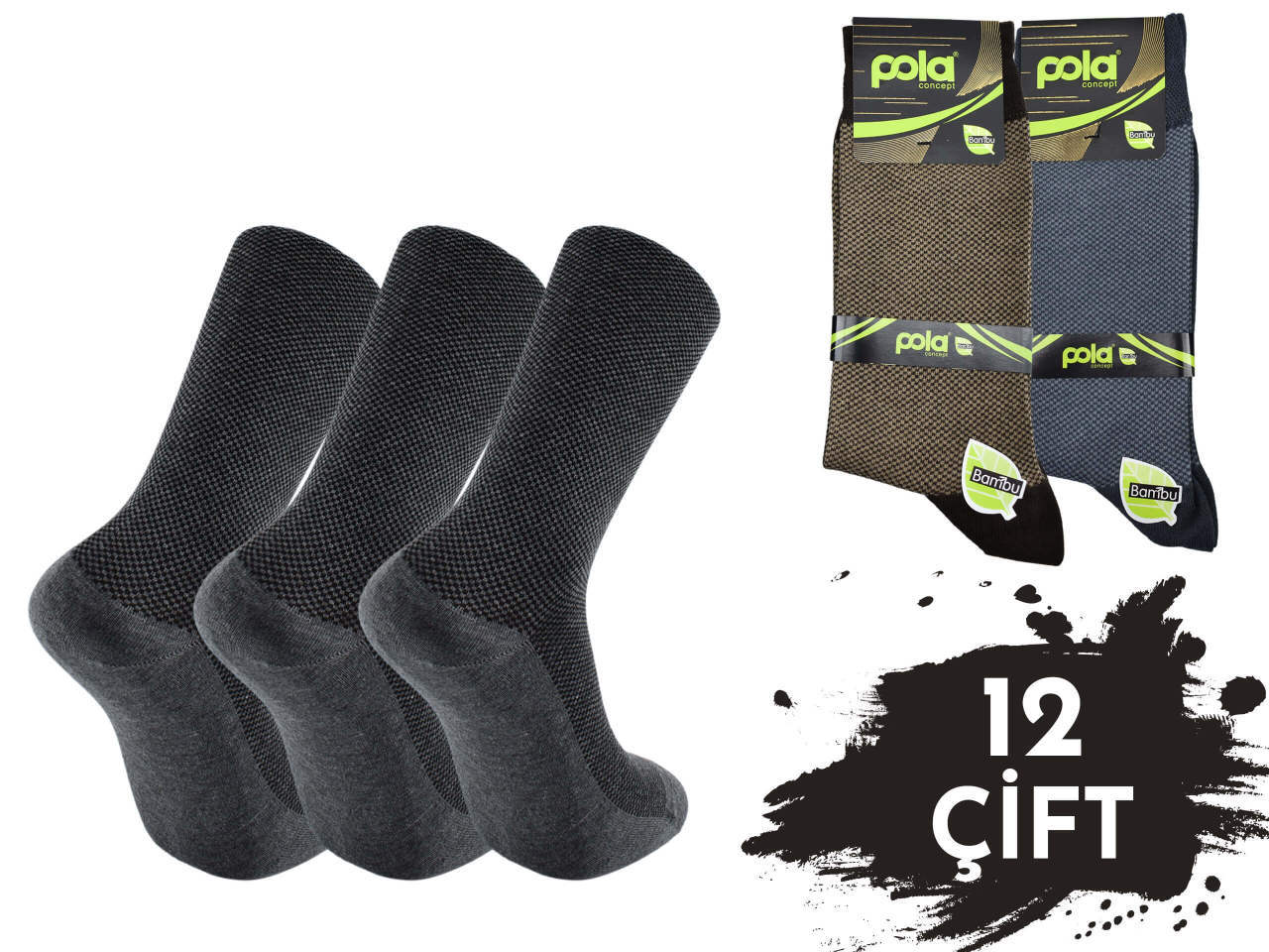 Pola 1515 Dört Mevsim Likralı Erkek Bambu Çorap 12'li