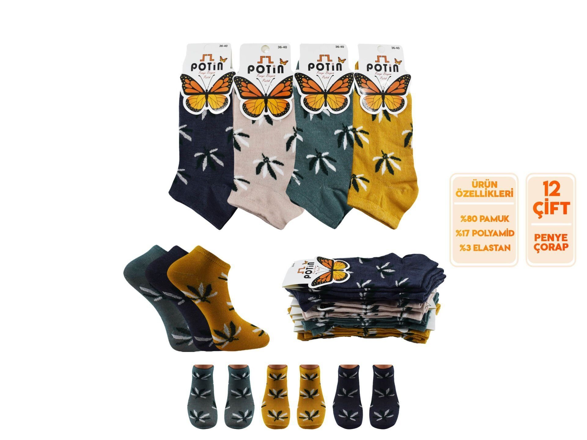 Potin 4-5 Penye Pamuklu Bayan Patik 12'li
