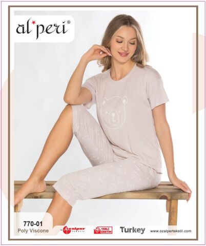 Alperi 770-01 (M-L-XL-XXL) Bayan Kısa Kollu Kapri Pijama Takım 4'lü
