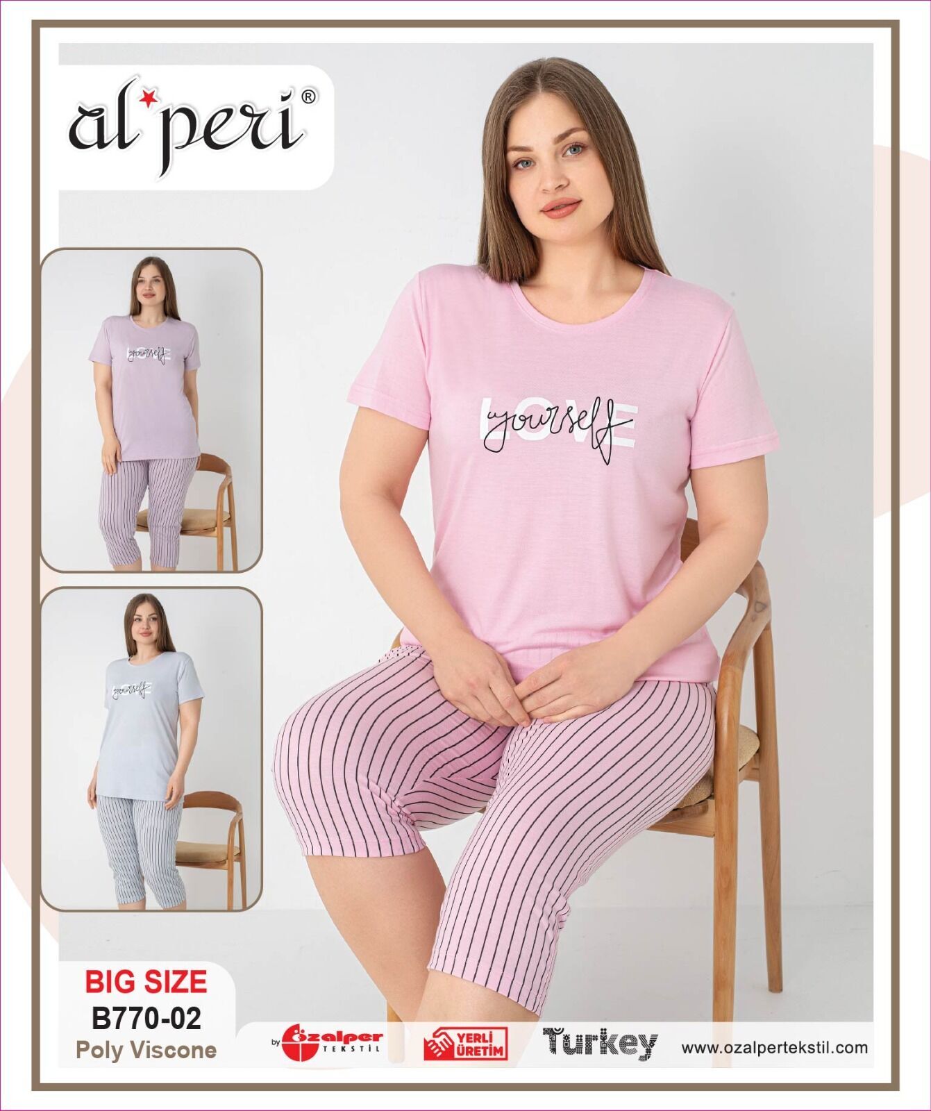 Alperi B770-02 (3XL-4XL-5XL-6XL) Bayan Kısa Kollu Kapri Pijama Takım 4'lü
