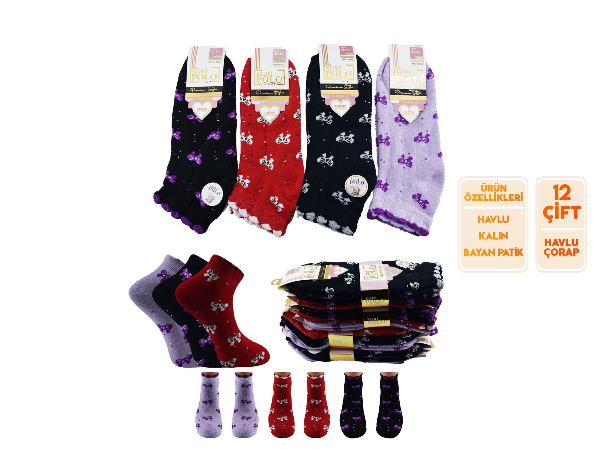 XGRİ POLO 82-1 Bayan Havlu Patik 12'li