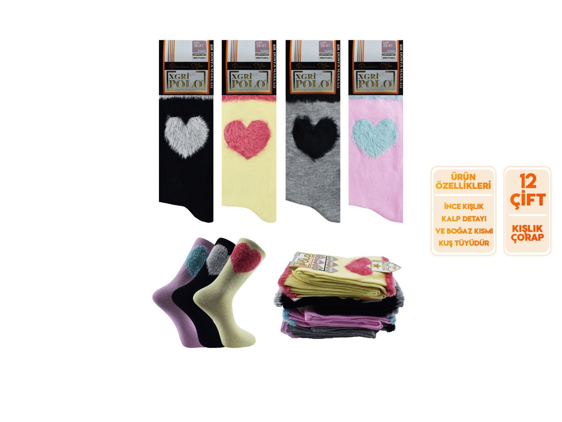 XGRİ POLO Kuş Tüyü Bayan Soket Çorap 12'li