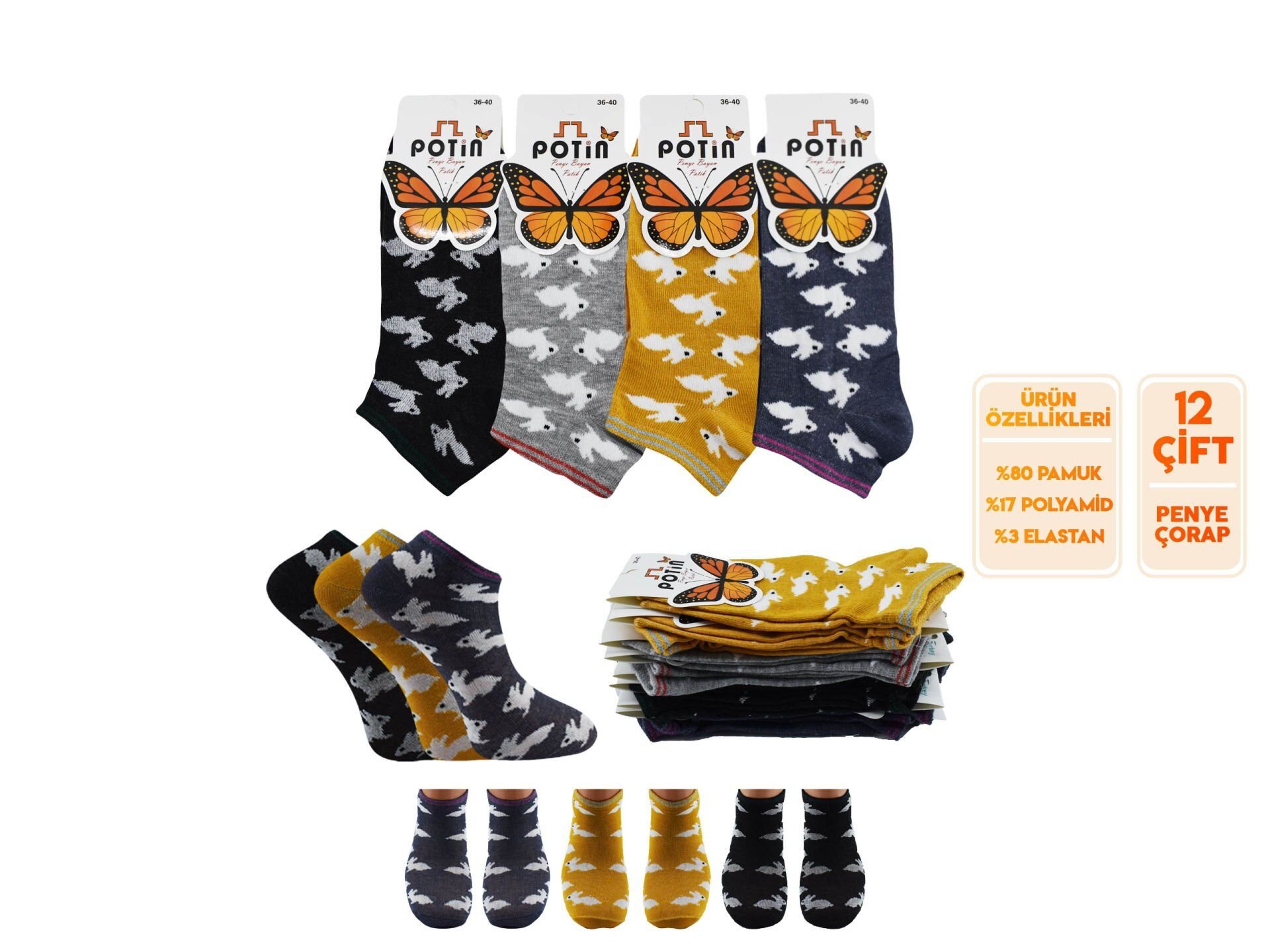Potin 4-9 Penye Pamuklu Bayan Patik 12'li