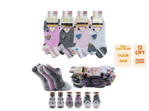 XGRİ POLO 49-8 Üç Boyutlu Bayan Penye Patik Çorap 12'li