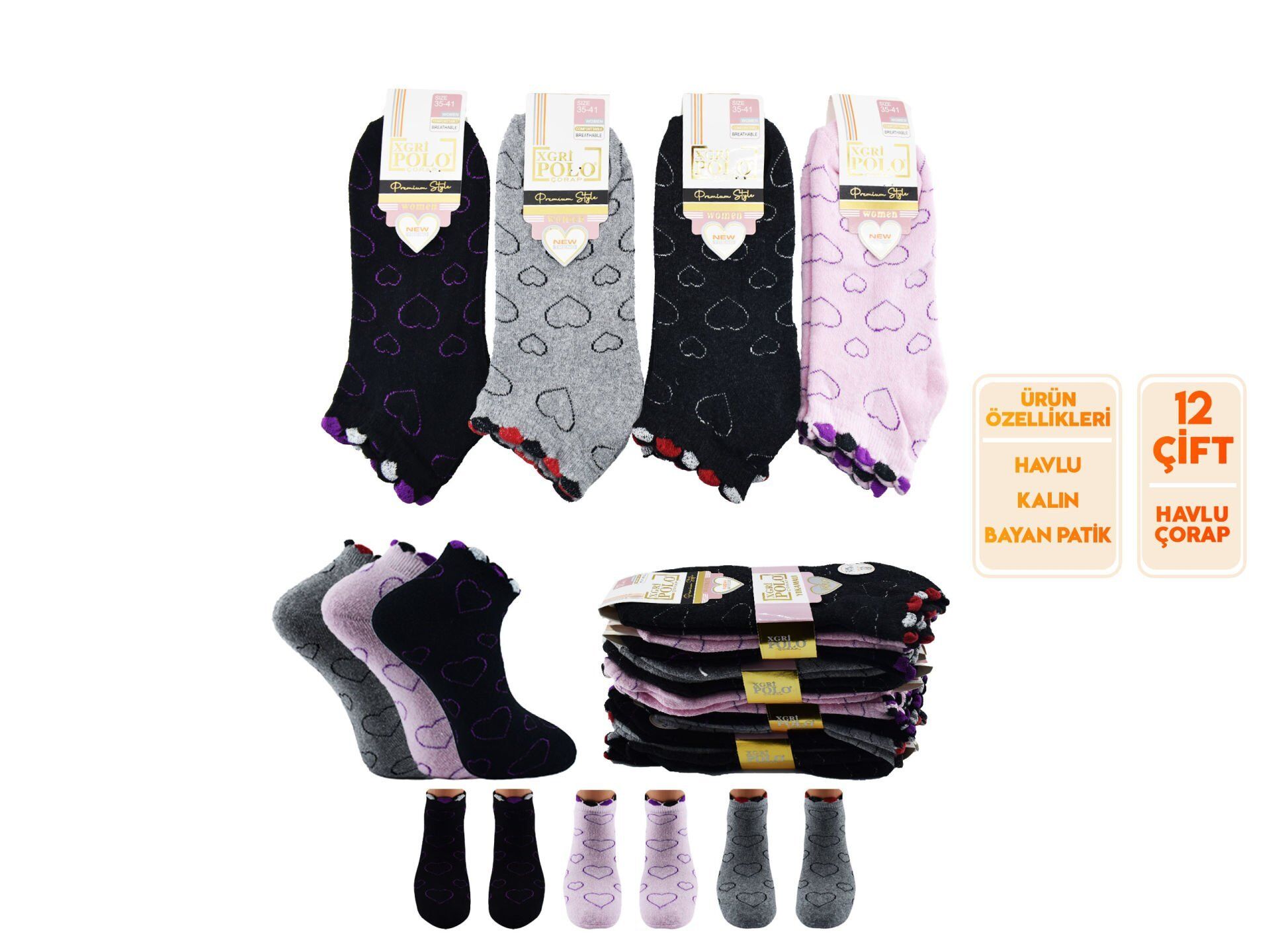 XGRİ POLO 82-3 Bayan Havlu Patik 12'li