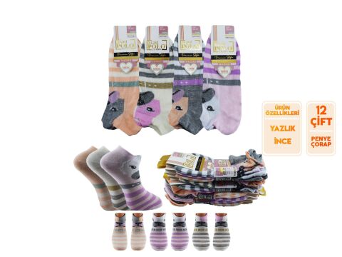 XGRİ POLO 49-7 Üç Boyutlu Bayan Penye Patik Çorap 12'li