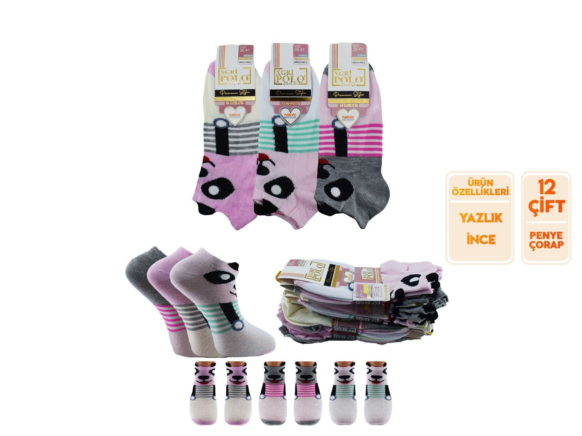 XGRİ POLO 49-6 Üç Boyutlu Bayan Penye Patik Çorap 12'li