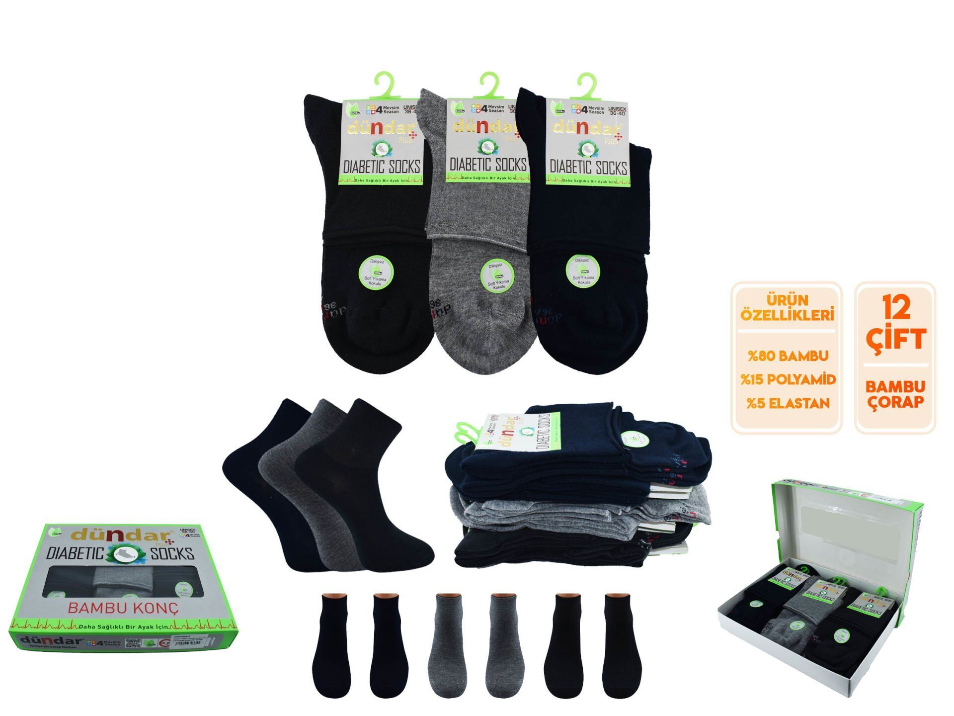 Dündar UNISEX Dikişsiz Yıkamalı Kokulu Bambu Diyabetik Konç Patik 12'li