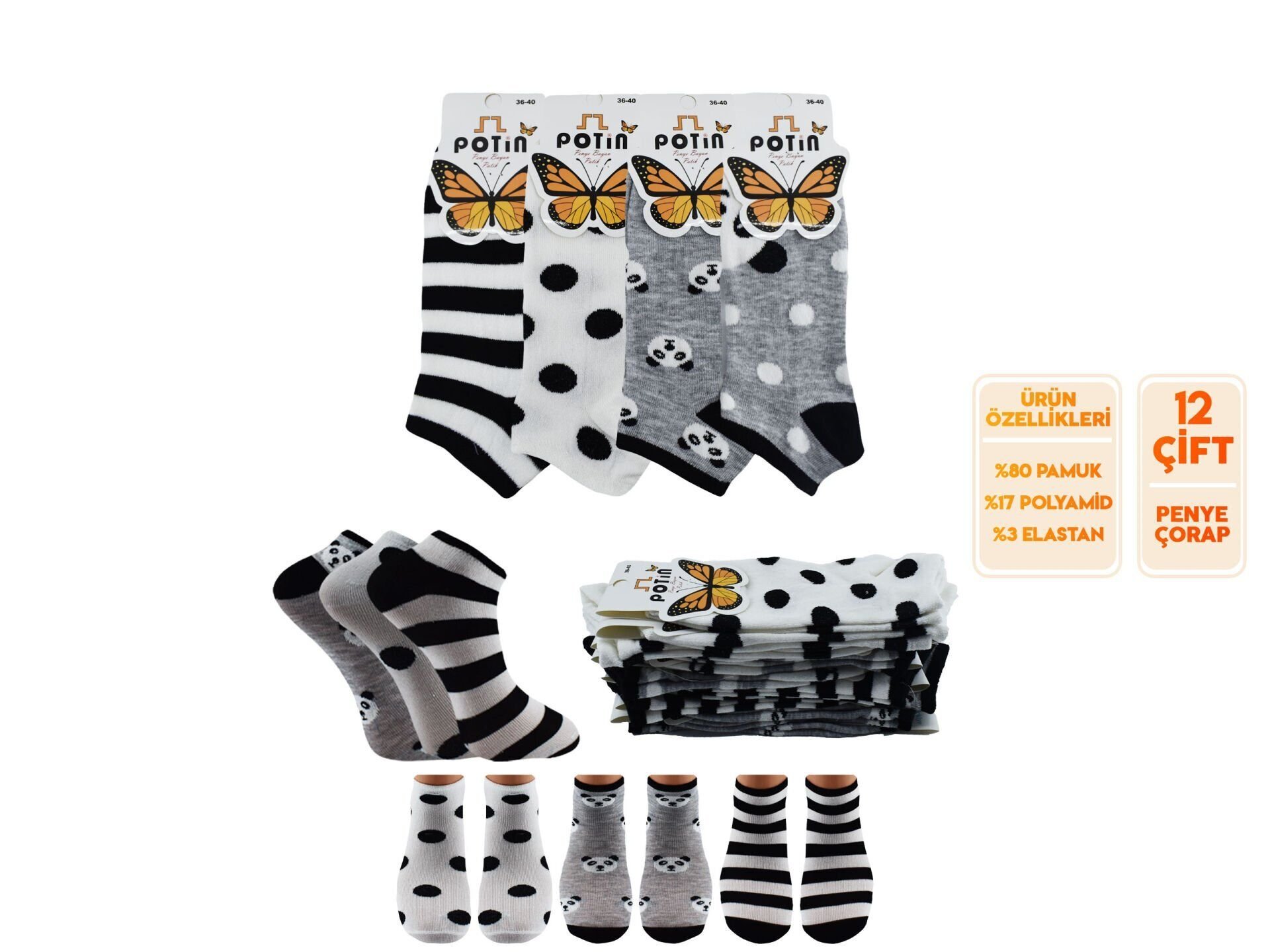 Potin 4-20 Penye Pamuklu Bayan Patik 12'li