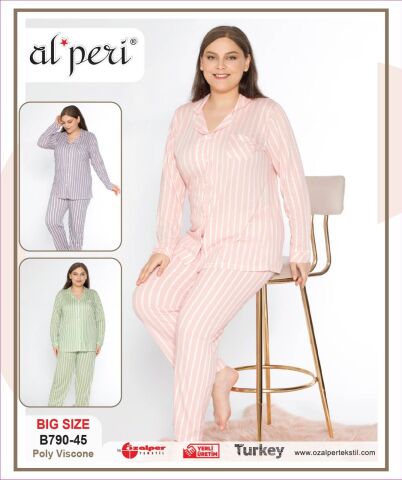 Alperi B790-45 (3XL-4XL-5XL-6XL) Bayan Uzun Kollu Pijama Takım 4'lü
