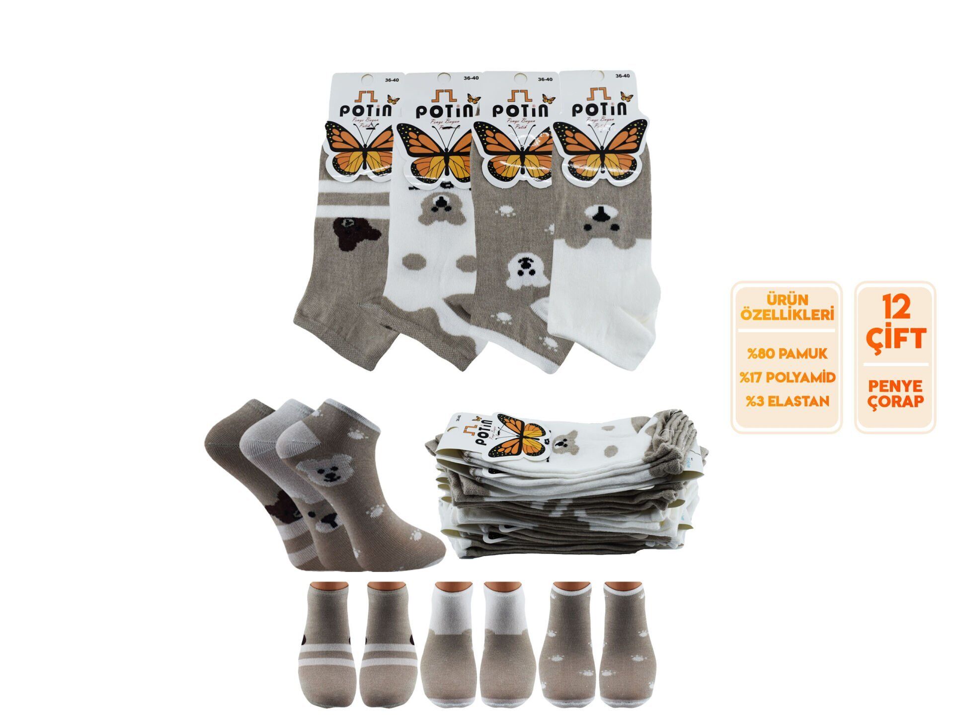 Potin 4-15 Penye Pamuklu Bayan Patik 12'li