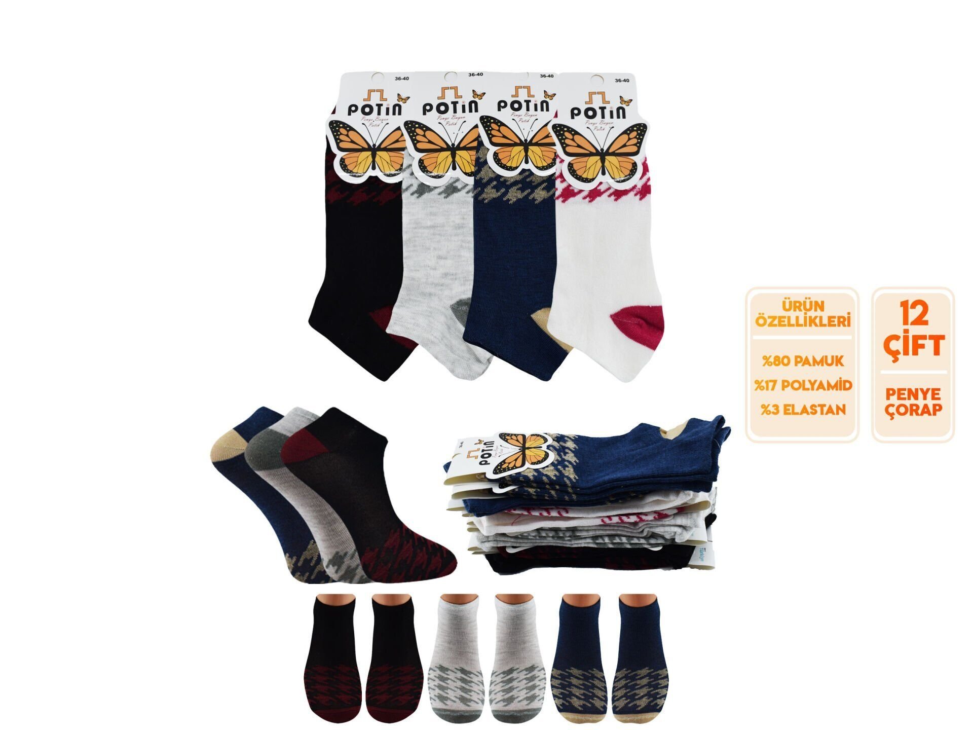 Potin 4-18 Penye Pamuklu Bayan Patik 12'li