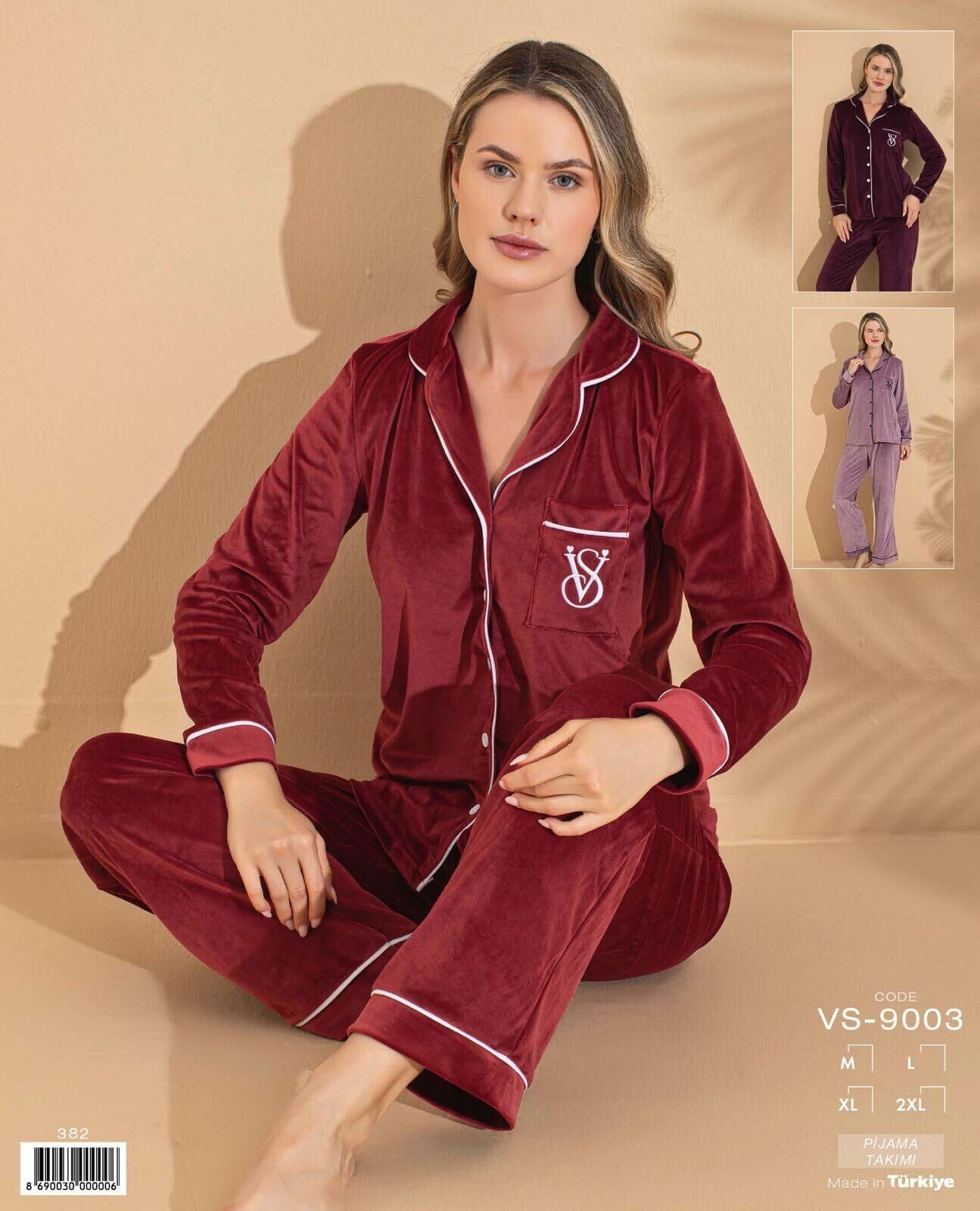 Polkan 9003 (M-L-XL-XXL) Kadife Uzun Kollu Boydan Düğmeli Bayan Pijama Takım 4'lü