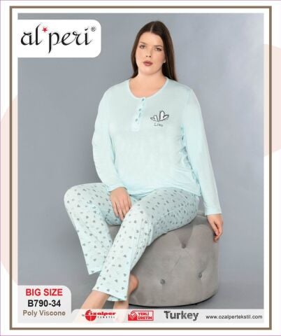 Alperi B790-34 (3XL-4XL-5XL-6XL) Bayan Uzun Kollu Pijama Takım 4'lü