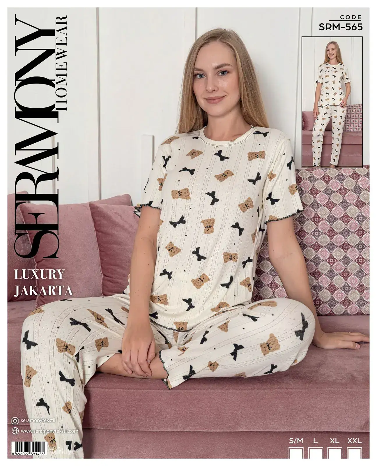 Seramony 565 (S-M-L-XL-XXL) Bayan Jakarlı  Kısa Kollu Pijama Takımı 4'lü