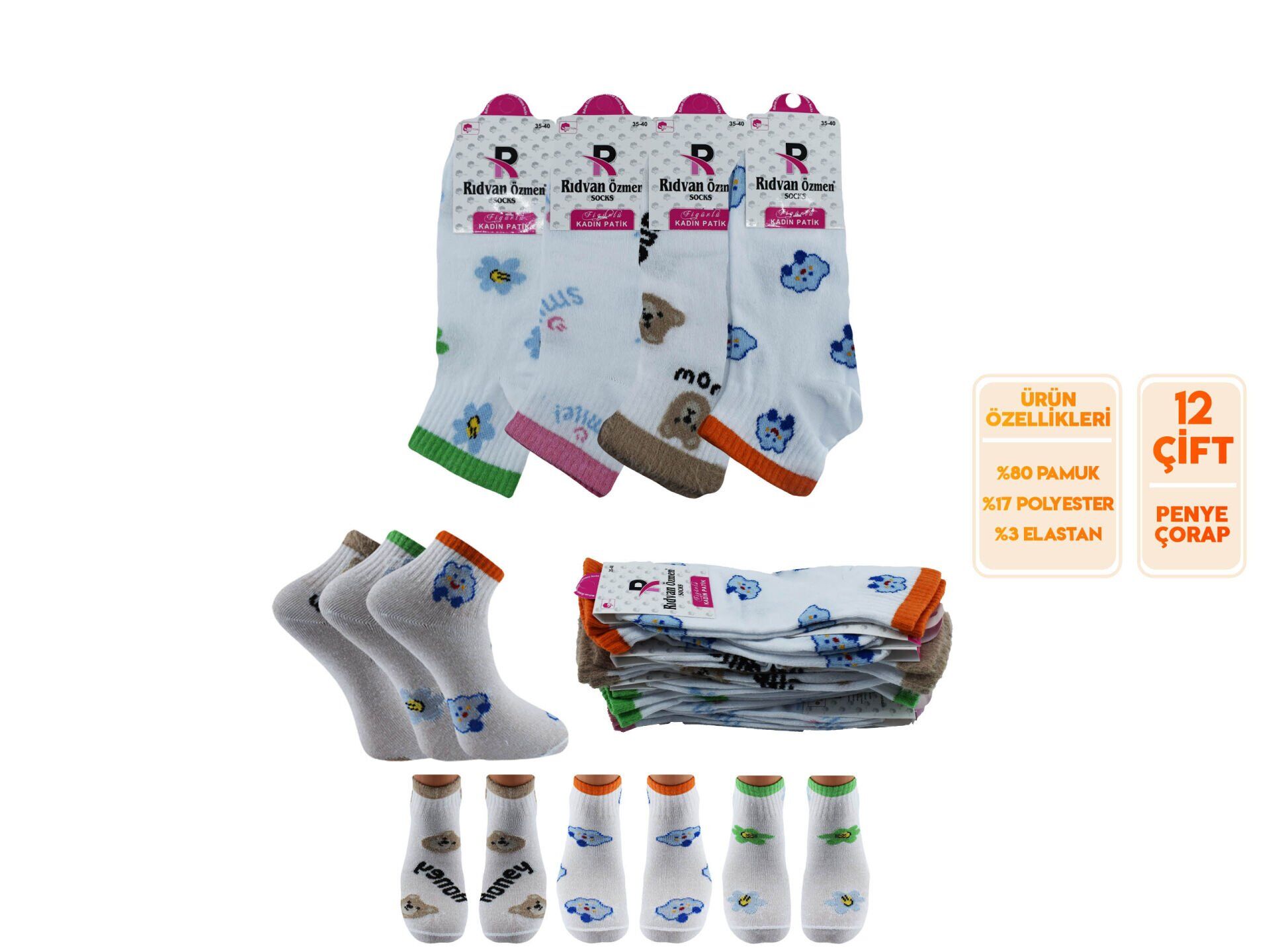 Pelin 12-24 Naturel Penye Parfümlü 3 Boyutlu Bayan Patik 12'li