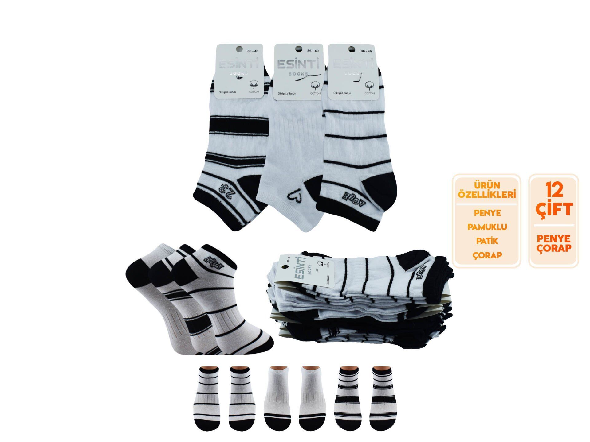 Esinti 30-10 Naturel Pamuk Dikişsiz Bayan Patik 12'li