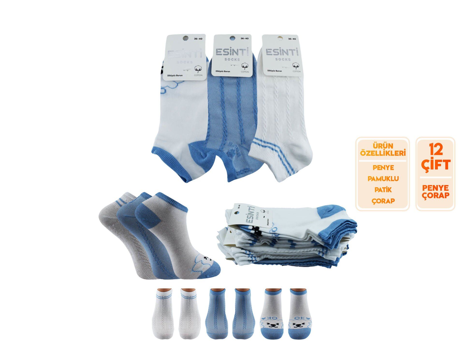 Esinti 30-20 Naturel Pamuk Dikişsiz Bayan Patik 12'li