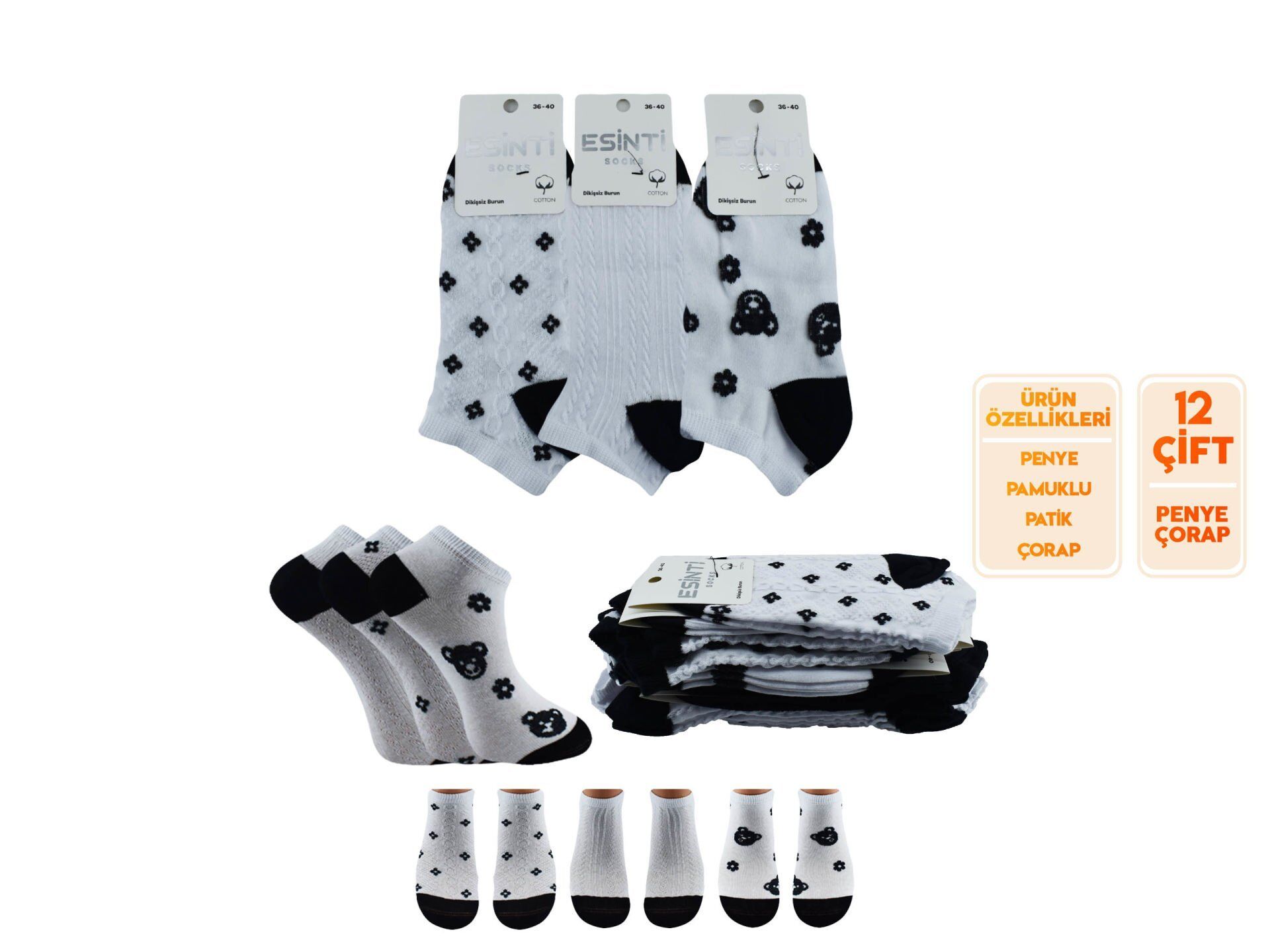 Esinti 30-3 Naturel Pamuk Dikişsiz Bayan Patik 12'li