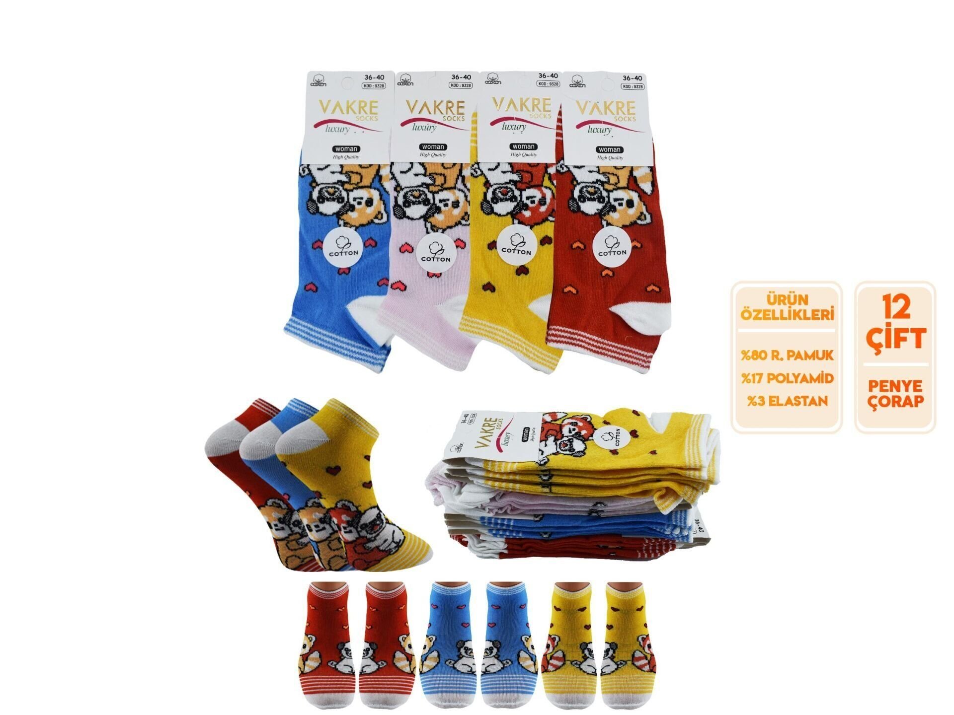 Vakre 9328-9 Bayan Penye Patik Çorap 12'li